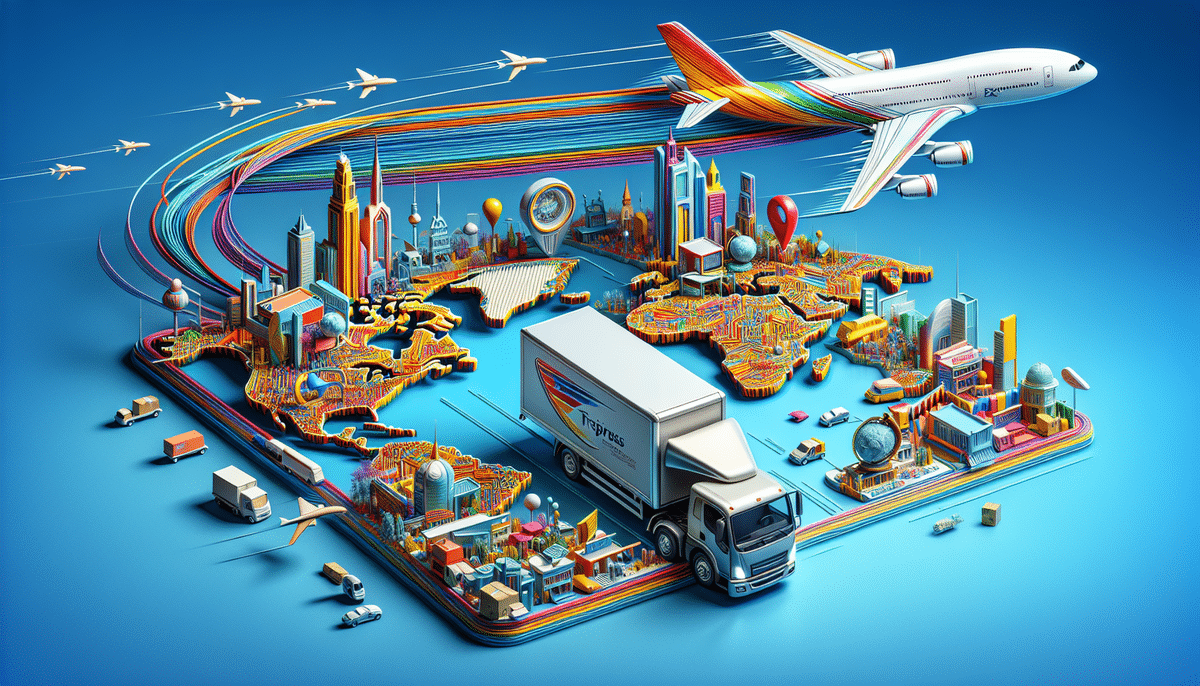 A colorful illustration shows global logistics with a FedEx cargo plane and truck. Trails of vibrant lines connect various landmarks across continents, symbolizing worldwide transportation and shipping networks in comparison to other services like OnTrac.
