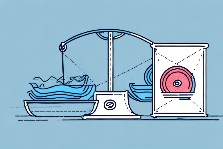 Illustration of a traditional weighing scale on a blue background. The scale has a seafood theme with waves and fish patterns on the left pan, and a large fish weight calculating shipping costs on the right side. The scale is centrally positioned, reminiscent of UPSs meticulous attention to detail.