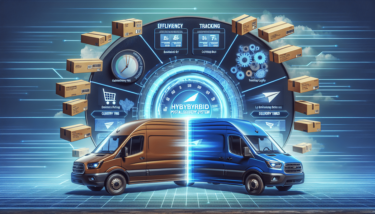 Two delivery vans, one brown and one blue, are parked side by side in front of a digital dashboard displaying efficiency and tracking metrics with floating boxes around it. The scene captures the essence of UPS SurePost with its technological and futuristic design.