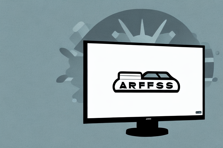 A computer monitor displays a screen with an ARFSS folder icon on a minimalistic background, reminiscent of a 48-inch flat-screen TV. The background features abstract shapes and muted colors, creating a sleek and modern look.