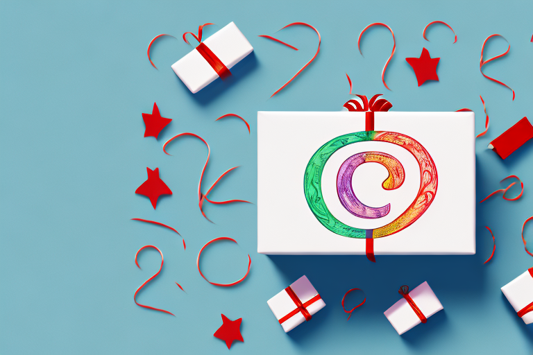 A white gift box with a colorful copyright symbol on top, wrapped in a red ribbon, sits amidst smaller boxes and festive red stars on a blue background. Perfect for Christmas returns aligned with Amazons return policy, this scene captures the essence of thoughtful gifting and easy exchanges.