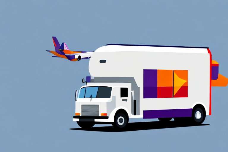 Illustration of a FedEx delivery truck with a logo resembling an arrow and a square in white, purple, orange, and red colors. A passenger airplane, showcasing the same vibrant palette, flies in the background against a blue sky—perfectly capturing the essence of efficient perishable shipping.