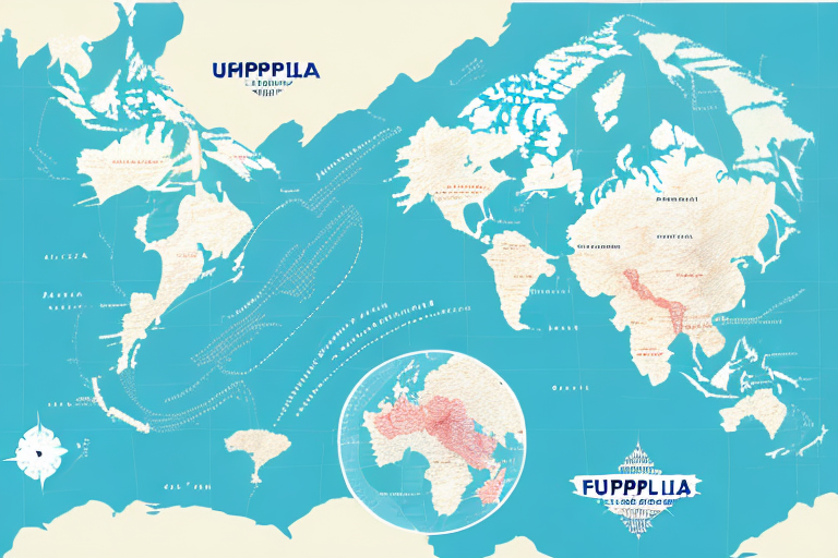 A creatively designed upside-down world map highlights shipping routes, emphasizing blue and tan colors with stylized geography and artistic text labels in various languages. A circular inset showcases Europe, Asia, Africa, extending to the US–Philippines corridor — a nod to UPS shipping rates.