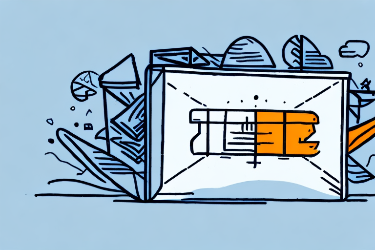 A stylized illustration of a FedEx envelope breaking through a computer screen, with paper and debris flying around. The background is light blue, and the design is outlined in dark lines with orange accents.