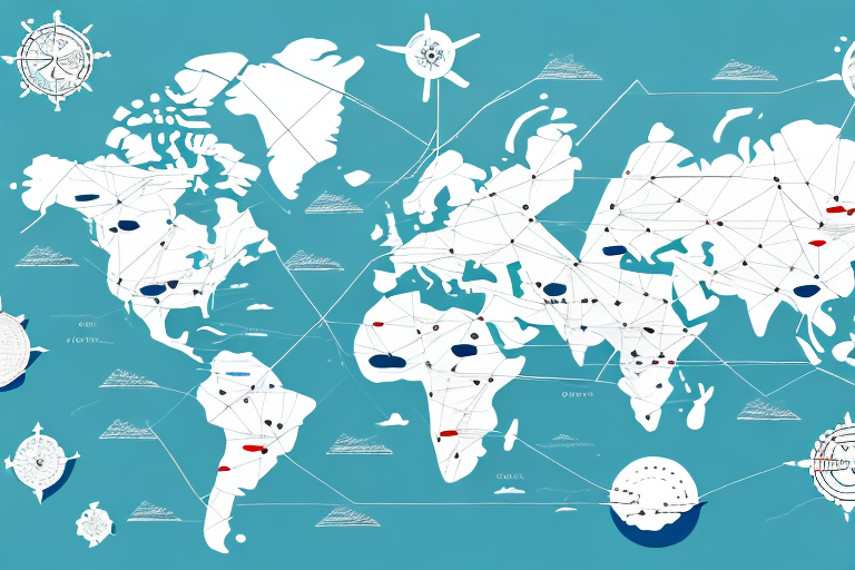 An illustrated world map on a blue background features white continents, depicting various nautical elements such as compasses and ships. Red and blue markers and lines connect different points across the map, serving as a comprehensive guide to shipping data integration.
