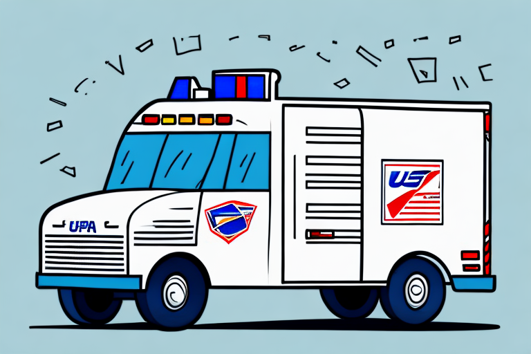 Illustration of a white postal truck with UPA on the front and colorful US Postal Service logos on the sides. The vehicle, depicting the reliability akin to postal insurance, is stylized with cartoonish features against a light blue background.