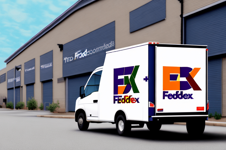 A delivery van is parked outside a row of FedEx distribution centers, showcasing a creative illustration merging the FedEx logo with the FX logo. Administrators busily log in to the FedEx Ship Manager system in these prominently branded buildings.