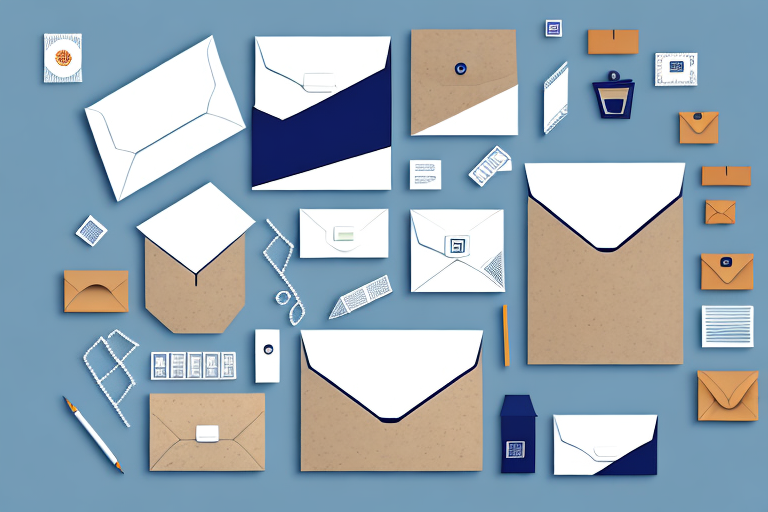 A comprehensive list of variously sized envelopes and stationery items is artfully arranged on a blue background. It includes white, brown, and blue envelopes, along with small essentials like stamps, a pencil, and a notebook.