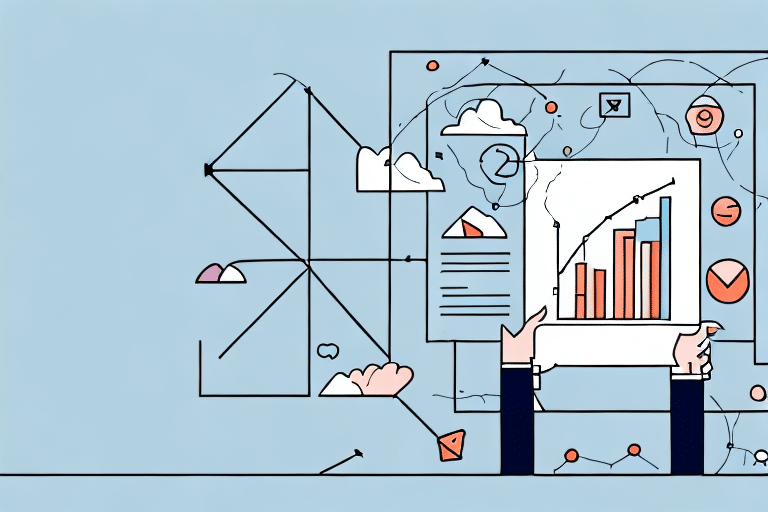 Illustration of hands holding a tablet displaying bar and line graphs. The background features abstract geometric patterns and cloud icons, symbolizing customer retention and data analysis through cloud computing. The blue color scheme is enhanced with accents of orange and white for contrast.