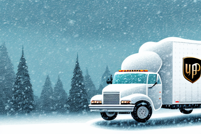 A large white delivery truck with an emblem on the side navigates a snowy landscape, embodying UPS holiday operations. Tall evergreen trees line the background, and snowflakes fall gently, covering the road, setting a chilly, wintry scene perfect for their Christmas schedule.