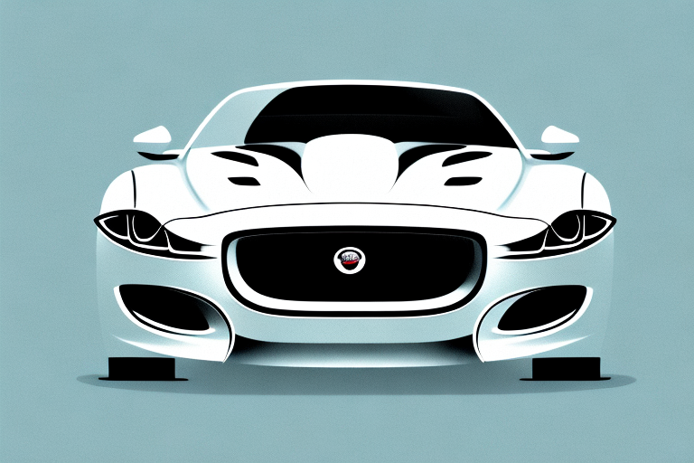 Illustration of a sleek, white Jaguar sports car viewed from the front. The car features a prominent grille, aerodynamic design, and stylized headlights, set against a light blue background.