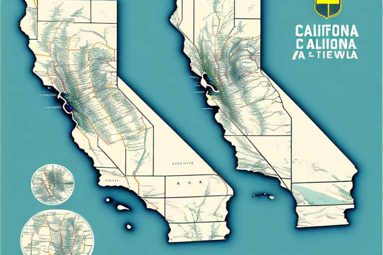 Stylized map of California divided into two sections, featuring topographical details with various shades of green and beige. The title is partially obscured, while two circular insets at the bottom left highlight regions akin to Michigan’s detailed landscapes.