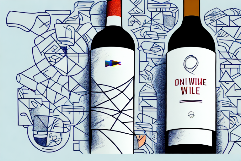 Two abstractly designed wine bottles stand against a geometric background with blue and white shapes. The bottle on the right reads DNI WINE WILE with minimalistic graphics, while the bottle on the left features colorful abstract art, evoking vibrant vineyards and seamless wine shipping.