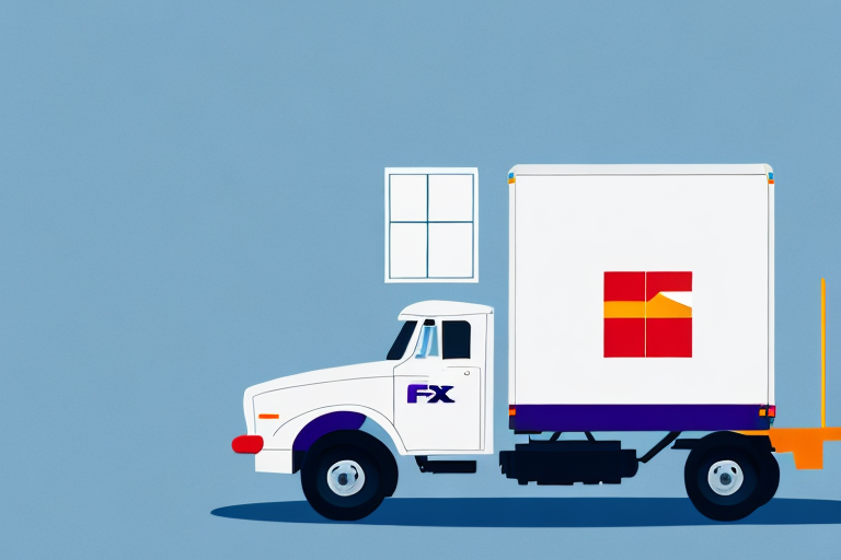 Illustration of a white delivery truck with FX on the door and a red and yellow logo on the side, set against a blue background. A small window floats above, adding a whimsical touch—capturing the essence of FedExs commitment to on-time delivery.