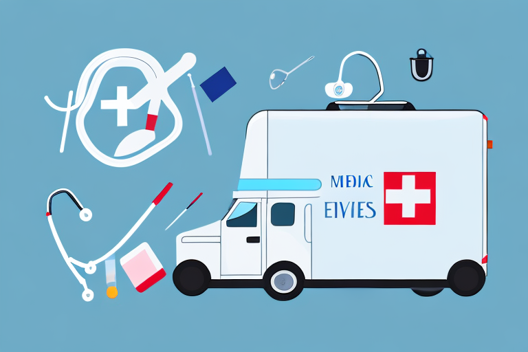 Illustration of an ambulance with a red cross, surrounded by medical tools like a stethoscope, syringe, pill, and thermometer on a blue background—perfect for visualizing the essentials of a medical courier business.