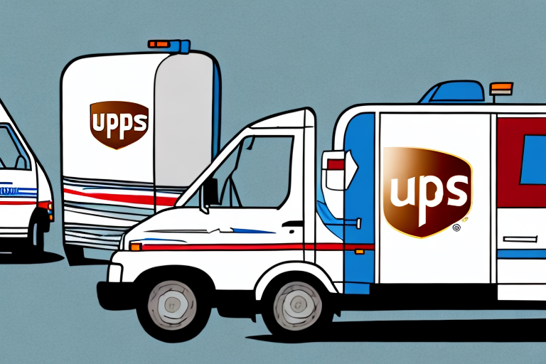 Illustration of vehicles resembling UPS trucks styled in USPS colors and logos, blending the essence of delivery service with a unique twist. The white vehicles feature red and blue stripes, showcasing a fusion of USPS and UPS elements against a light blue background.