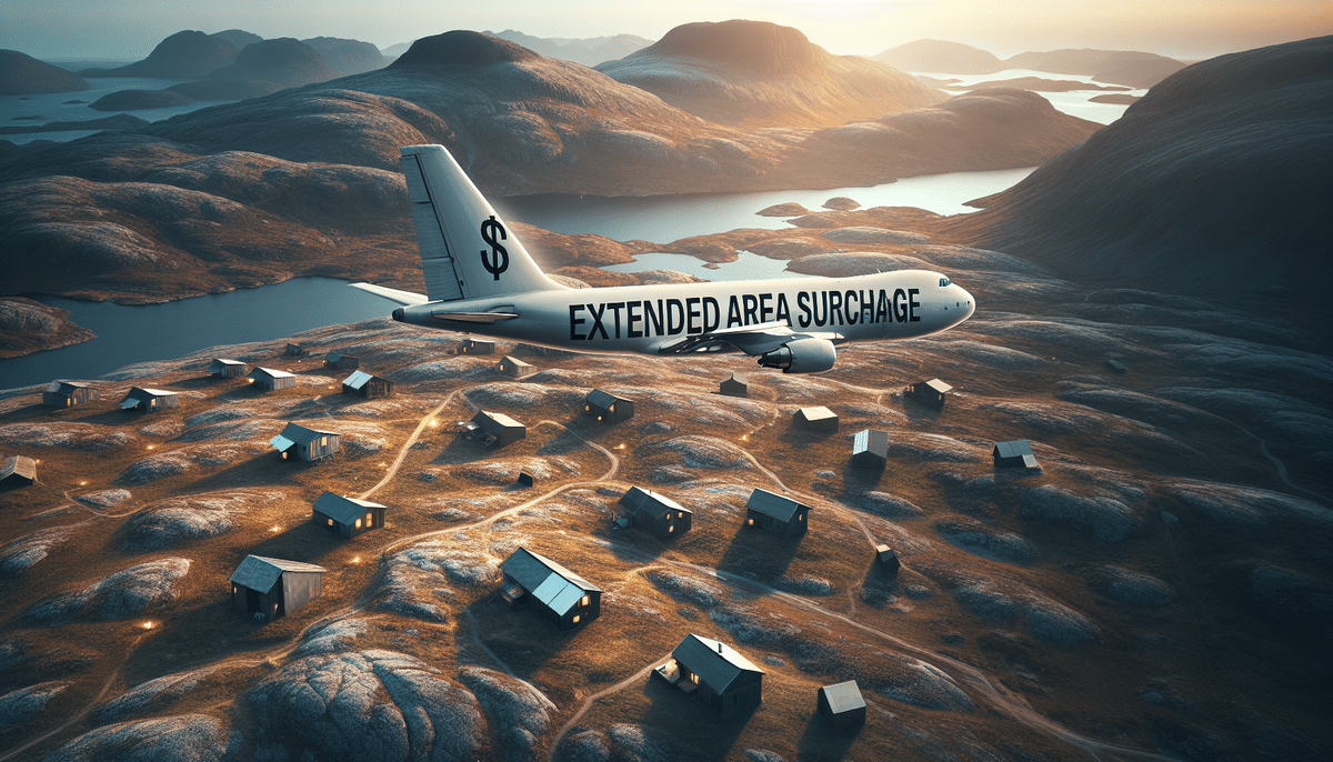 A large FedEx airplane labeled Extended Area Surcharge flies low over a remote, mountainous landscape at sunset. The terrain features rocky surfaces and scattered small cabins, with lakes and mountains in the background of these remote locations.