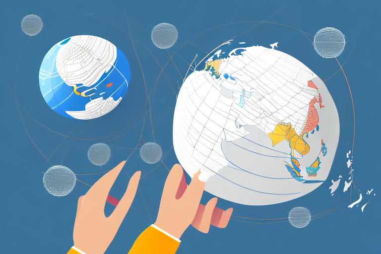 Two hands interact with a digital globe displaying continents and oceans, symbolizing global connectivity like UPS shipping rates. An earth-like sphere hovers in the backdrop, set against a blue background with circular data patterns.