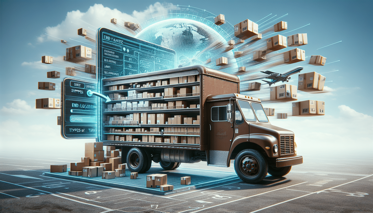 A delivery truck with transparent sides reveals packages inside. Surrounding it, floating parcels and holographic screens display logistics data, including UPS shipping rates. In the background, a digital globe highlights routes from the USA to Canada, while a flying drone emphasizes a futuristic delivery concept.