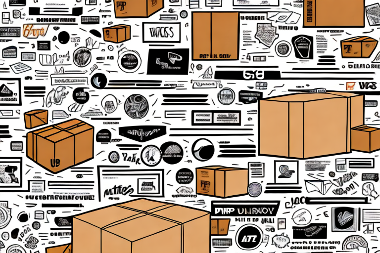 An illustration of various cardboard boxes, including a 25-lb parcel, scattered across a background brimming with overlapping logos and labels. The busy scene evokes a sense of movement and commerce, with the boxes in brown tones highlighting themes of shipping and delivery logistics.