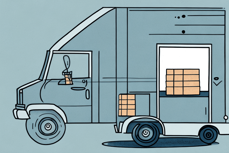 Illustration of a delivery truck with an open door, revealing packages inside processed through UPS Worldship. The truck is parked, and a small box with package notifications rests on the ground next to it. The scene is set against a simple, muted blue background.