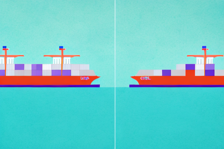 Illustration of two cargo ships on a turquoise sea highlights the world of international shipping. The left ship, labeled Log, sports a blue and red design, while the right, labeled Get, mirrors it. Both are carrying cargo containers like those seen with USPS and FedEx.