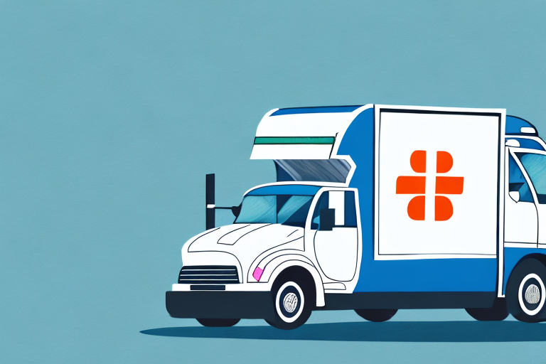 Illustration of a blue and white delivery truck with a gift box symbol on its side, embodying the efficiency of AME Pharmacy Courier Service, set against a plain blue background.