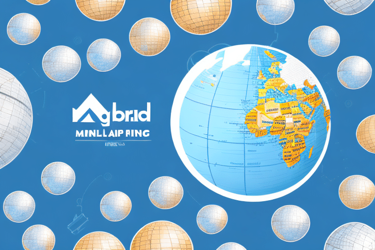 A blue background with multiple silver and gold spheres, resembling globes. At the center, a large globe focuses on Europe and Africa. The text reads agrid MINLL AIP RING and MARCLUSA, hinting at global connections akin to DHL Ecommerces reach or fluctuating shipping rates.