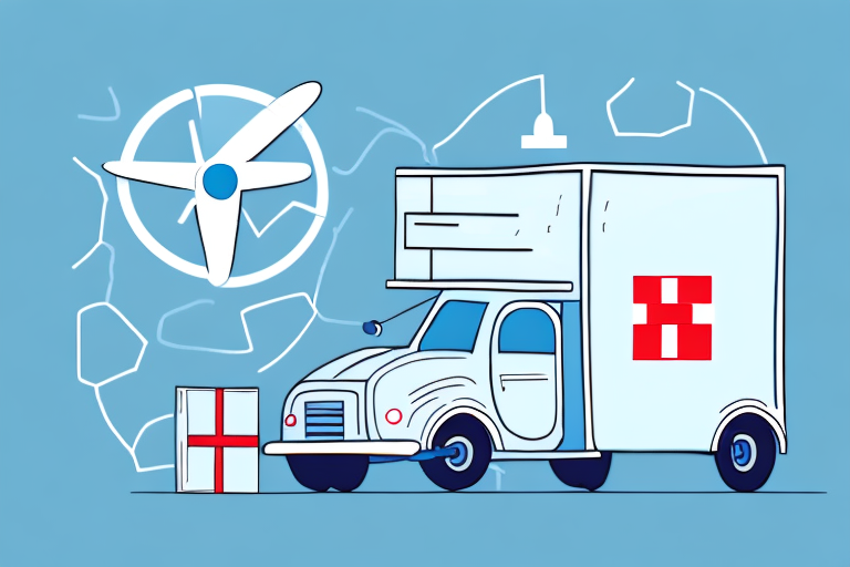 Illustration of a delivery truck with a red and white square logo, representing a medical courier service. Its parked beside a propeller and a box with a red cross, against abstract geometric shapes in light blue tones—a symbol of this starting businesss commitment to swift healthcare logistics.