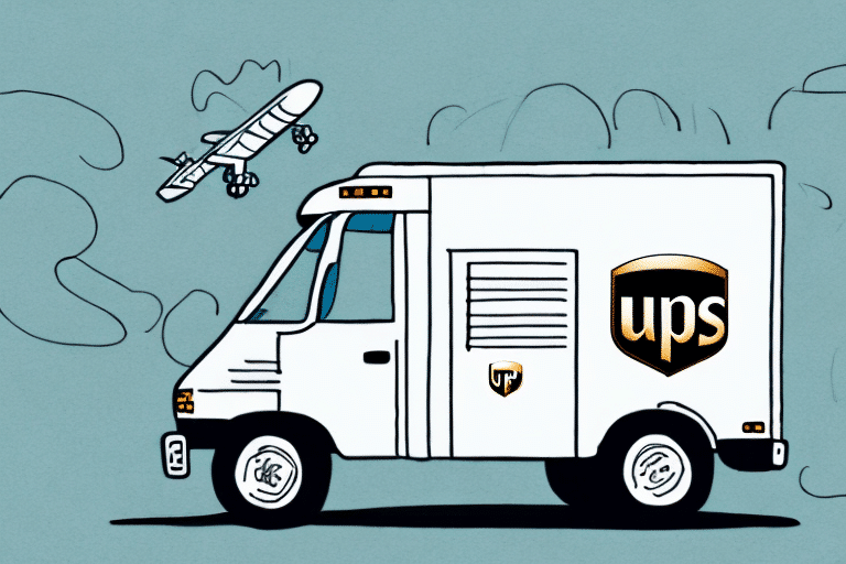 Illustration of a UPS delivery truck with the logo on the side, driving on a road. In the background, an airplane is flying in the sky. The scene captures efficient delivery and shipping services, reminiscent of using UPS Worldship to coordinate packages reaching every PO Box.