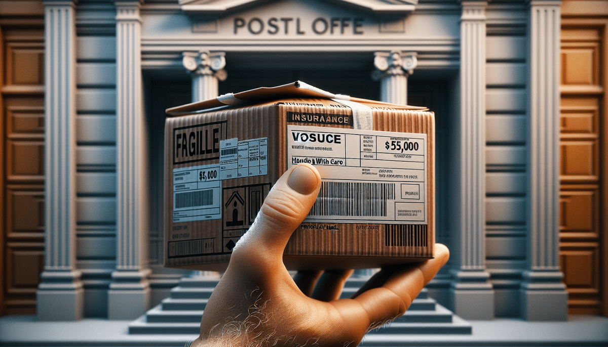 A hand holds a package labeled $55,000 with Fragile and Handle with Care stickers, in front of a grand building resembling a post office. The package features USPS insurance details and shipping labels, ensuring it arrives safely.