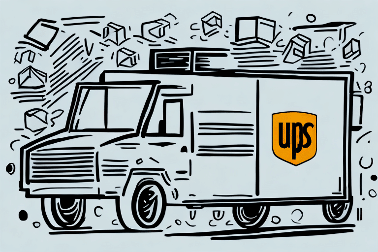 An illustrated UPS delivery truck, emblematic of shipping efficiency, is surrounded by flying packages on a light gray background. The truck proudly features the UPS logo on its side.