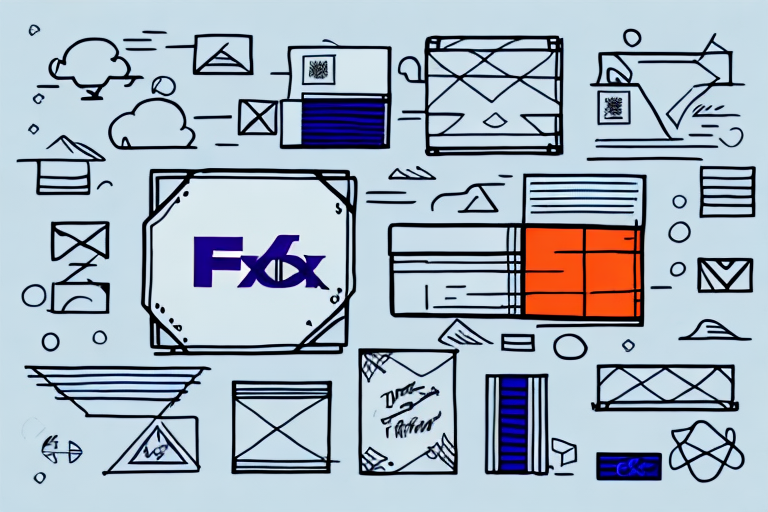 Abstract illustration featuring various geometric shapes and technical drawings in blue and orange tones, centered around the logo Fx6. The design evokes a sense of movement akin to FedEx shipping from Pakistan to the USA, with clouds, arrows, and letter-like symbols on a light blue background.