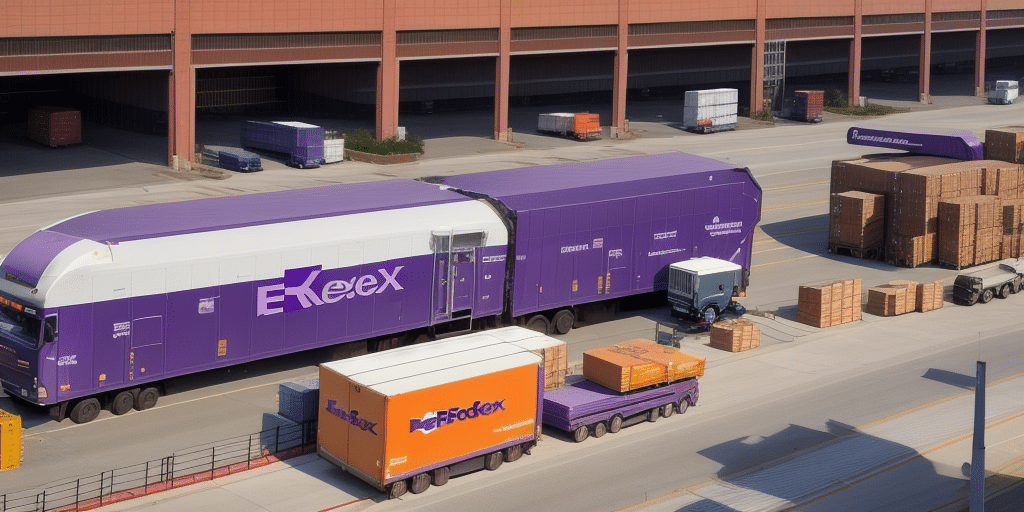 Freight trucks and containers fill the bustling logistics hub. Among them, a purple and white truck marked Exex stands beside orange and purple containers labeled Expodex. Wooden boxes are neatly stacked nearby, against a backdrop of industrial buildings, evoking the precision of a FedEx Ship Manager.