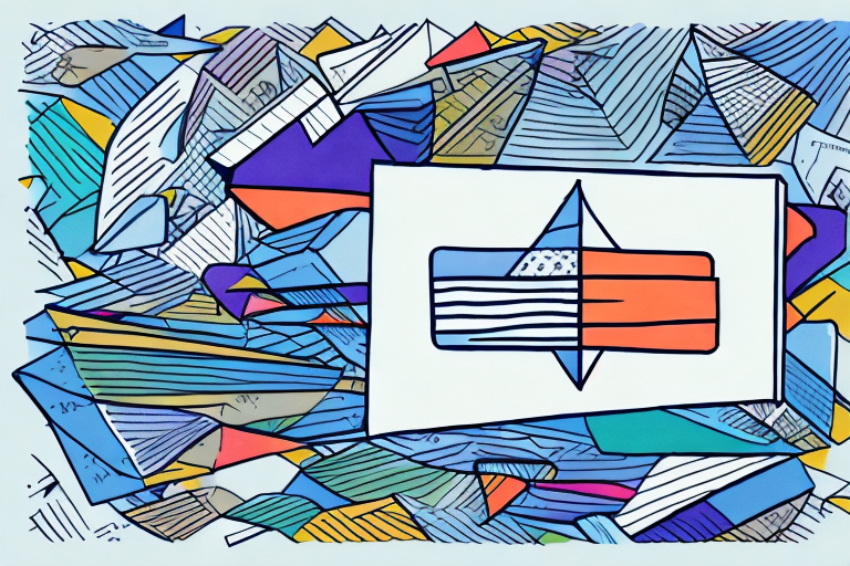 Abstract artwork depicting a collage of multicolored paper planes surrounding a stylized American flag reminiscent of FedEx shipping rates. The design boasts bold lines and vibrant hues of blue, purple, orange, and green, mirroring the dynamic logistics involved from a 35lb box to delivery.