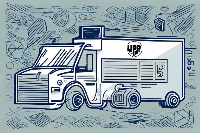 Illustration of a stylized food truck with abstract patterns in the background, showcasing shipping solutions. The truck, adorned with a large logo, features a serving window and wheels, all illustrated in a sleek blue and gray color scheme reminiscent of UPS WorldShip 23.