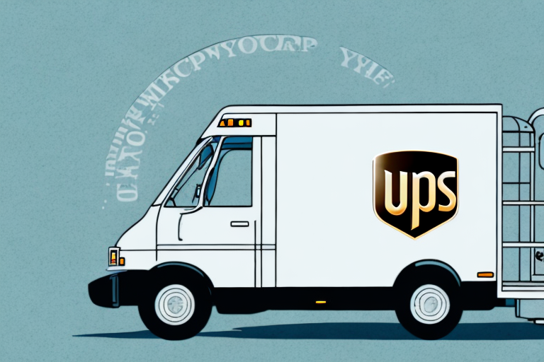 Illustration of a white delivery truck featuring the UPS logo against a blue background. The truck is parked, facing left, with stylized circular text above the cab, highlighting the benefits of Pay for UPS and UPS My Choice services.