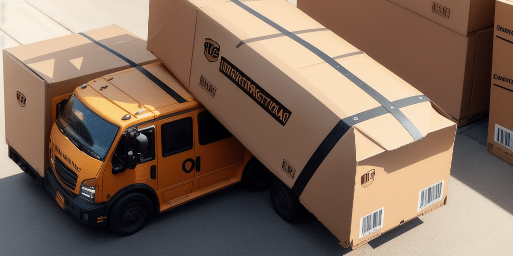 A truck designed to look like its made of cardboard boxes, with oversized box-like structures attached to its frame, invites exploring the art of illusion. Printed symbols and labels enhance the effect as it sits proudly on a concrete surface, showcasing unique benefits in design creativity.