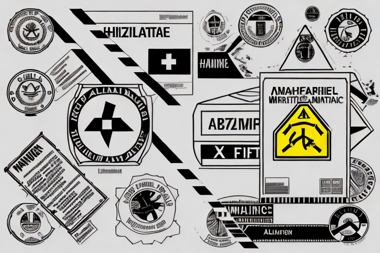 A collage of black and white abstract labels and symbols, reminiscent of hazardous materials warnings, features sharp angles, circular designs, plus signs, and abstract text. The light gray background enhances the stark contrast of the dark graphics.