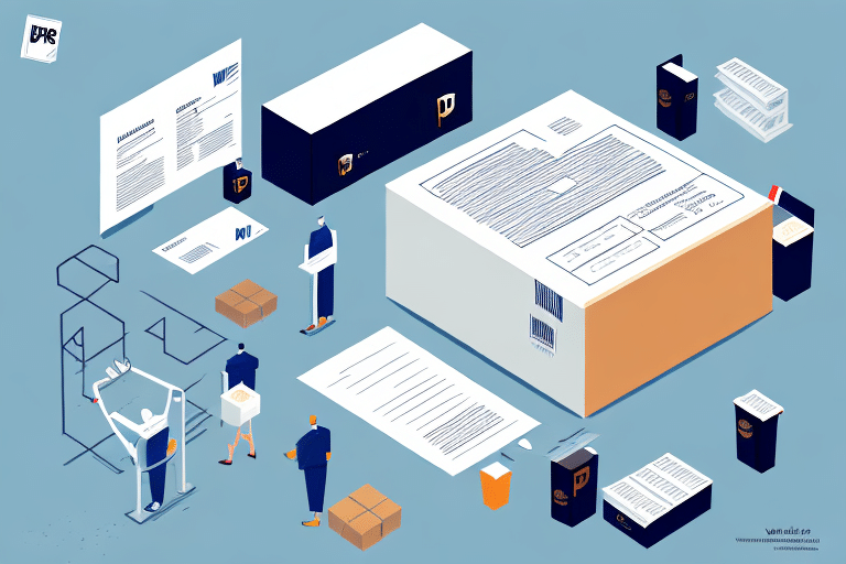 An artistic illustration shows people interacting with oversized office documents, envelopes, and packages. Tiny figures are busy sorting and carrying against a blue backdrop, symbolizing document handling and logistics with hints of UPS WorldShip efficiency.