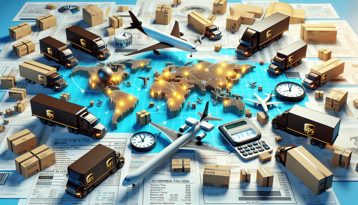 A digital montage showcases a global logistics concept, featuring planes, UPS trucks, and packages. A map with glowing points, a calculator, and clocks on a table of documents illustrates the fluctuating UPS shipping rates within worldwide delivery systems.