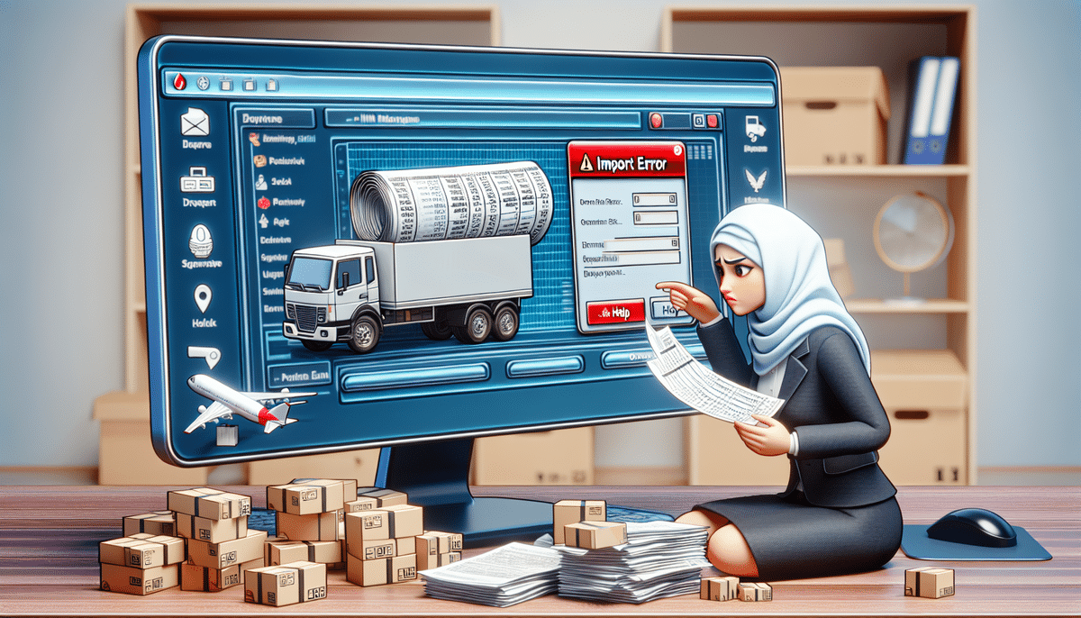 A woman in a hijab is sitting at a desk, examining documents with a worried expression. On the computer screen, FedEx Ship Manager displays Import Error 3436, showing an image of a truck carrying rolled-up documents. Boxes are stacked nearby, emphasizing the urgency of importing addresses.