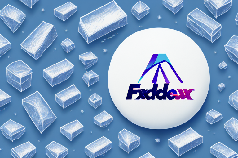 A digital artwork features a white circle with the Fxddex logo in the center, showing stylized mountains in blue and purple. Around the circle are variously sized icy blocks scattered across a blue background, subtly reminiscent of a FedEx Dry Ice Label design.