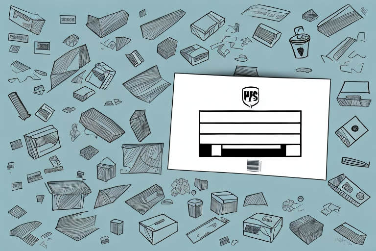 Illustration of a large UPS shipping label prominently displayed amid a scattered pattern of various boxes, bubble wrap, and packing materials on a light blue background.