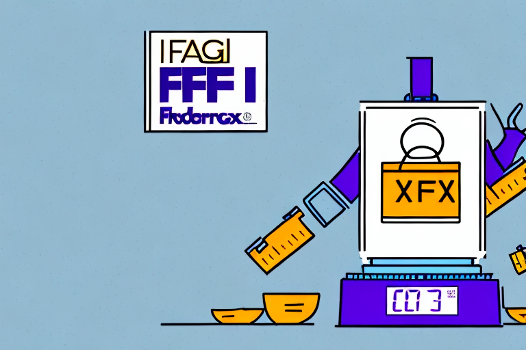 A stylized robot with a shopping bag labeled XFX stands next to a broken bowl. The robot, resembling a sleek FedEx shipping bot, has mechanical arms and a display showing 0073. A sign reads IFAGI FFF I Fixderex. The backdrop is light blue.