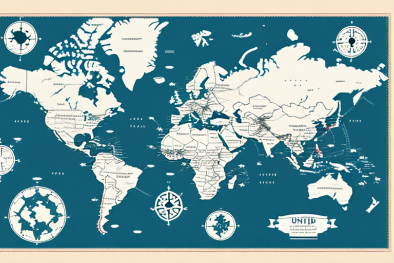 A vintage-style world map in shades of blue and white with labeled continents and countries, akin to a UPS Zone Map. Various compasses and navigation lines offer a classic, old-world feel, perfect for charting ground shipping routes.