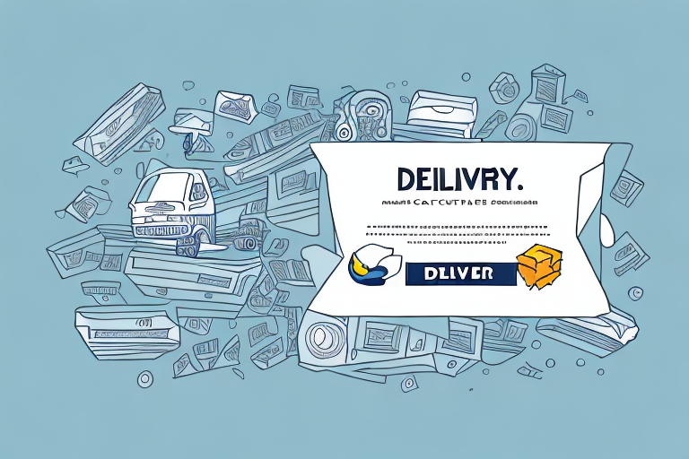 Illustration of a delivery theme with a large paper-like envelope labeled DELIVERY at the center. Surrounding it are various icons of mail, packages, and a delivery truck, all against a light blue background—a perfect visual that encapsulates understanding courier fees effectively.