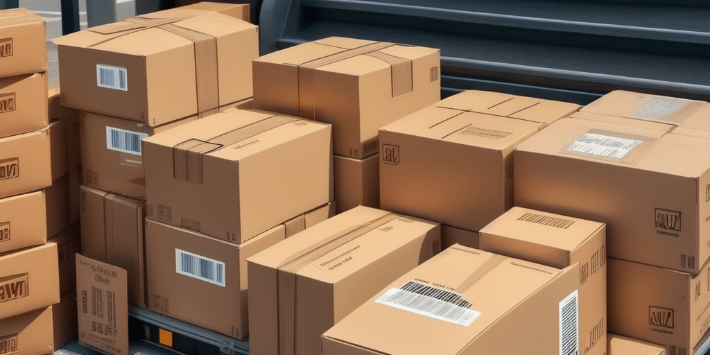 A pile of various-sized cardboard boxes with shipping labels, processed through UPS WorldShip, is loaded in the back of a delivery truck, ready for transport.