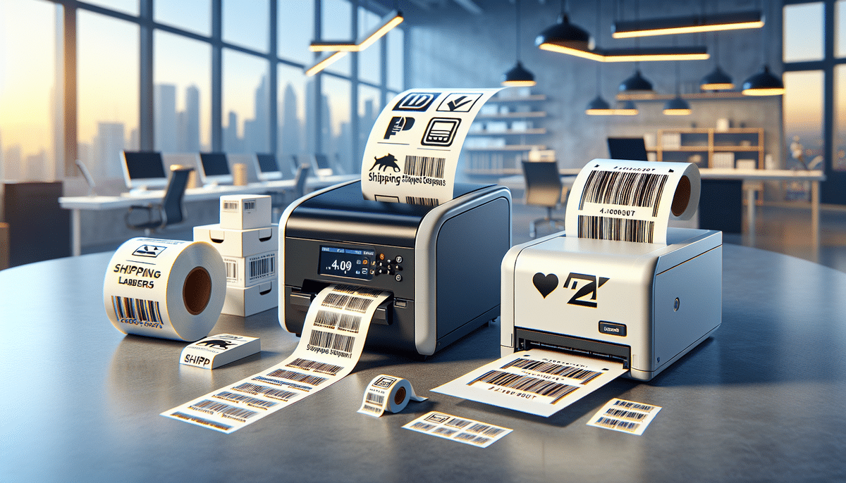 Two label printers, including a Zebra GX430t, sit on a table printing shipping labels adorned with barcodes and symbols. Rolls of labels are scattered around. The background reveals a modern office space with large windows and a stunning cityscape view.