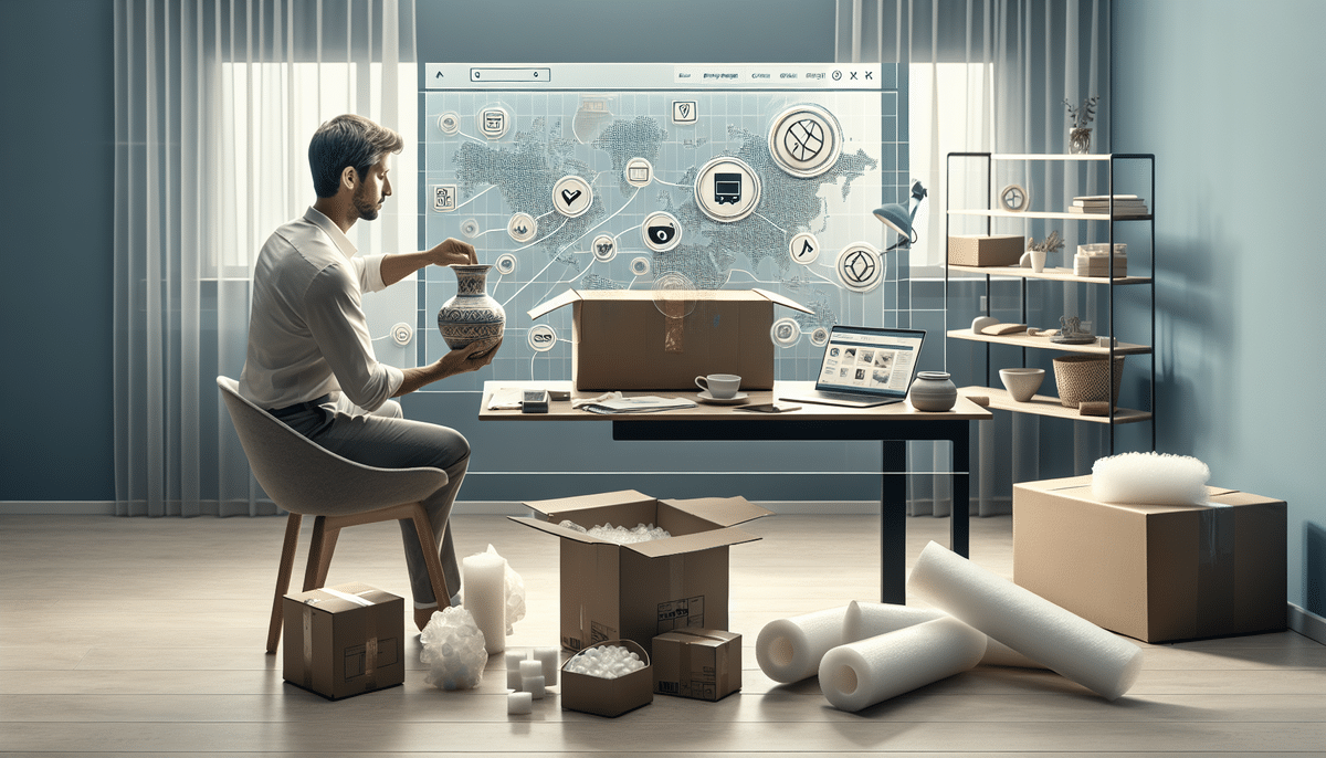A man is carefully packing a vase into a box in a modern, well-lit room. Around him are more boxes and packing materials, emphasizing the need to ship parcels securely. A digital display showcasing a global network and icons is projected on the wall, suggesting a digital workspace.